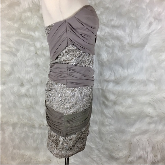 BEBE Strapless Silver Lace Bodycon Cocktail Dress - Picture 3 of 4